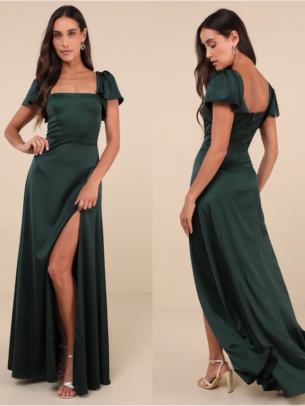LULU'S Ultimate Sweetness
Emerald Green Satin Flutter Sleeve
Maxi Dress